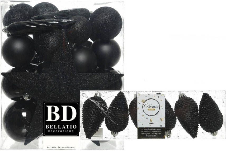 Decoris Kerstversiering kunststof kerstballen met piek zwart 5-6-8 cm pakket van 39x stuks Kerstbal