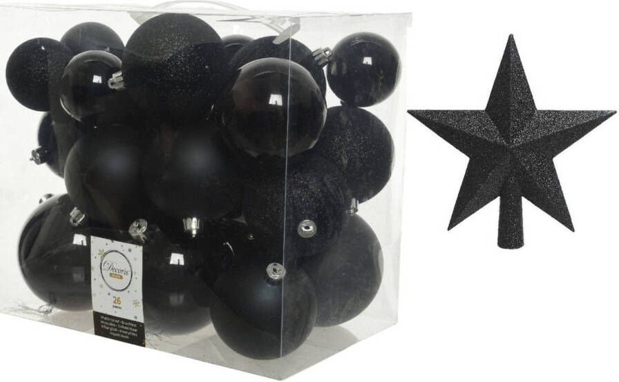 Decoris Kerstversiering kunststof kerstballen met piek zwart 6-8-10 cm pakket van 27x stuks Kerstbal