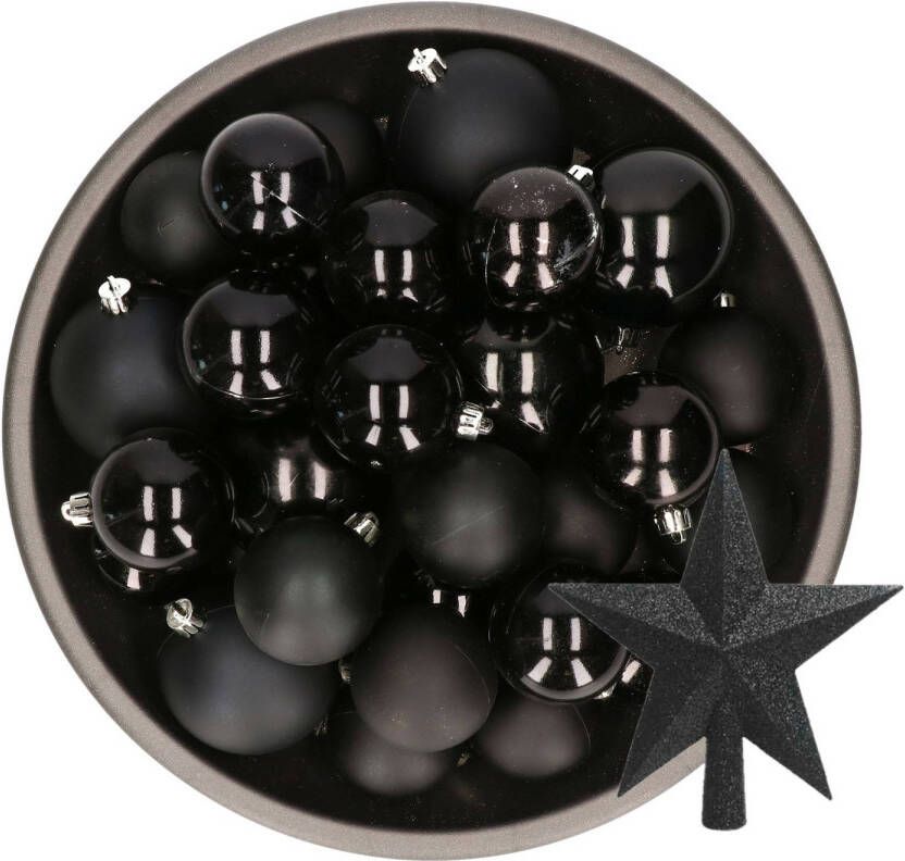 Decoris Kerstversiering kunststof kerstballen met piek zwart 6-8-10 cm pakket van 45x stuks Kerstbal