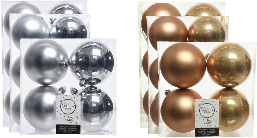 Decoris Kerstversiering kunststof kerstballen mix camel bruin zilver 6-8-10 cm pakket van 44x stuks Kerstbal