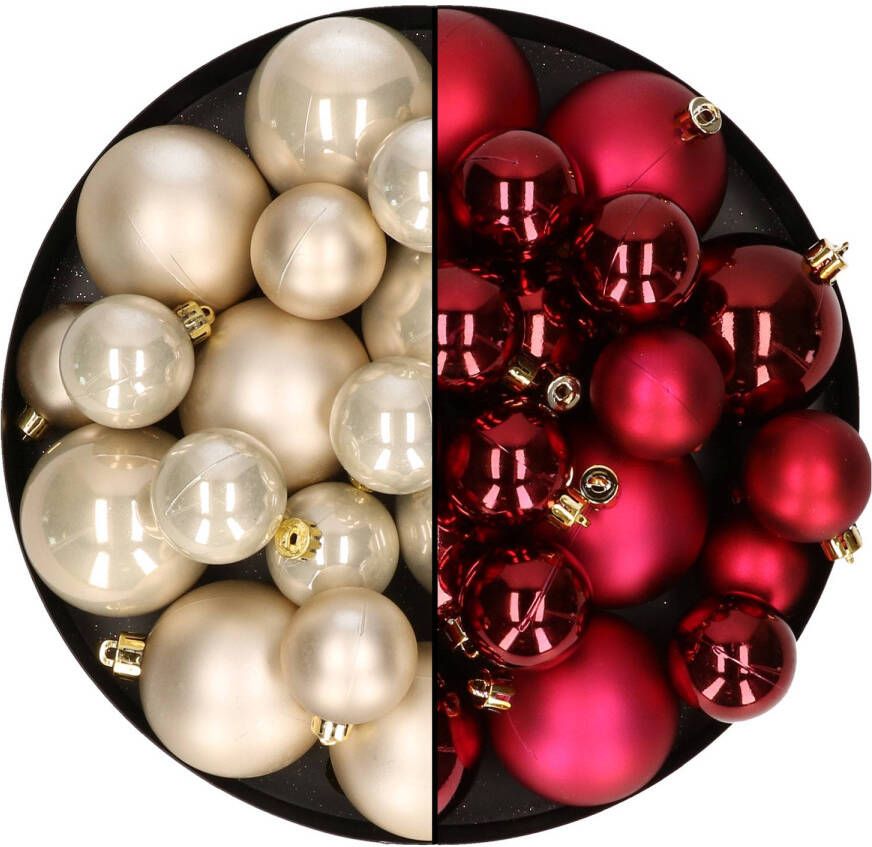 Decoris Kerstversiering kunststof kerstballen mix champagne donkerrood 6-8-10 cm pakket van 44x stuks Kerstbal