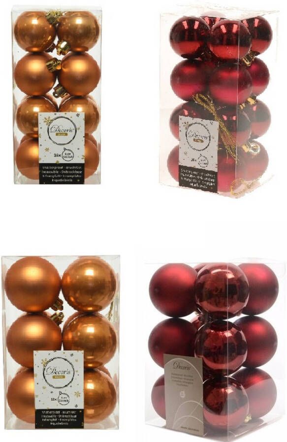 Decoris Kerstversiering kunststof kerstballen mix cognac bruin donkerrood 4 en 6 cm pakket van 80x stuks Kerstbal