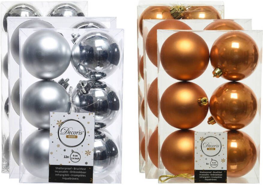 Decoris Kerstversiering kunststof kerstballen mix cognac bruin zilver 4-6-8 cm pakket van 68x stuks Kerstbal