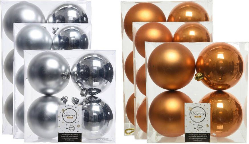 Decoris Kerstversiering kunststof kerstballen mix cognac bruin zilver 6-8-10 cm pakket van 44x stuks Kerstbal