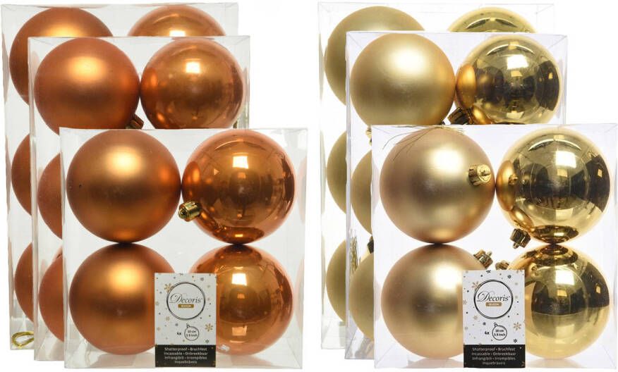 Decoris Kerstversiering kunststof kerstballen mix cognac goud 6-8-10 cm pakket van 44x stuks Kerstbal