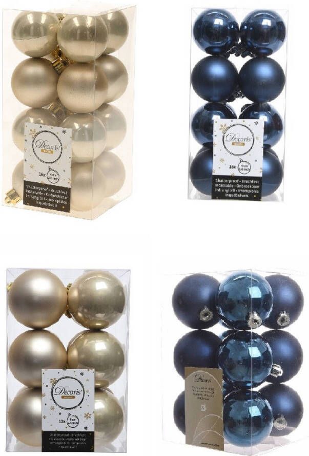 Decoris Kerstversiering kunststof kerstballen mix donkerblauw champagne 4 en 6 cm pakket van 80x stuks Kerstbal