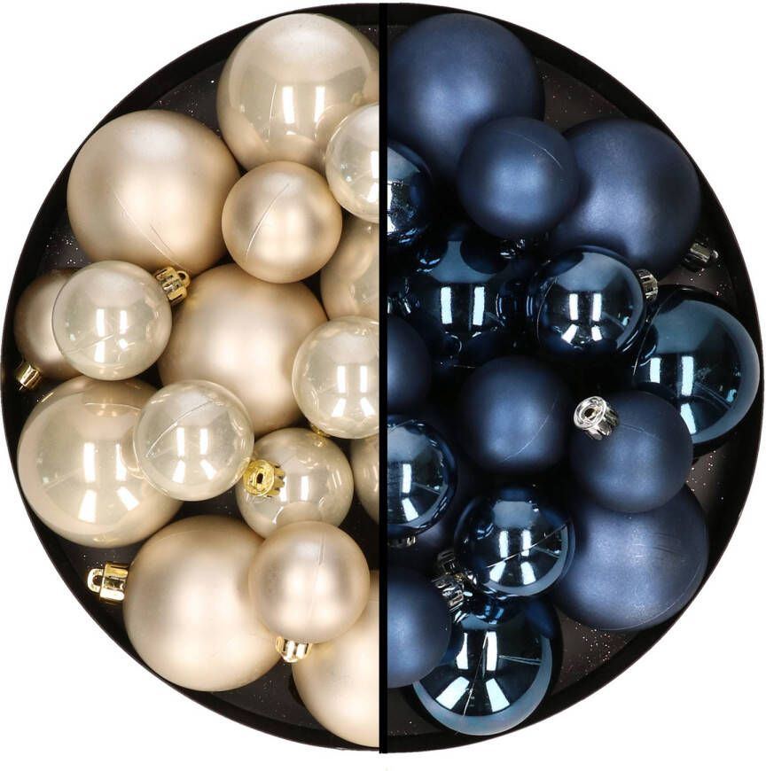 Decoris Kerstversiering kunststof kerstballen mix donkerblauw champagne 6-8-10 cm pakket van 44x stuks Kerstbal