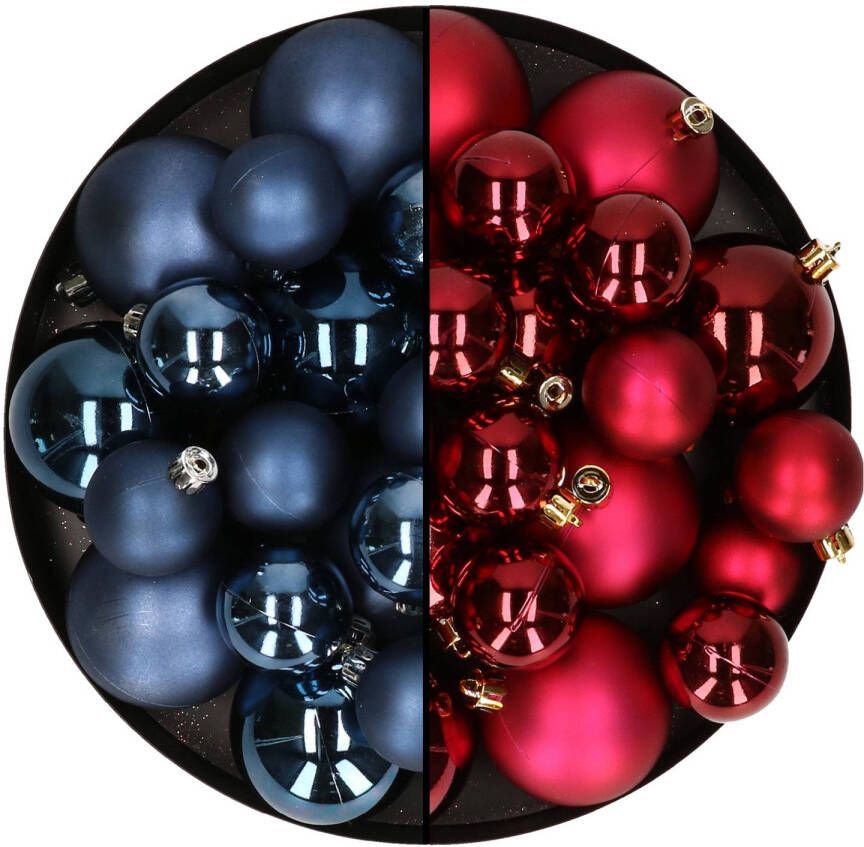 Decoris Kerstversiering kunststof kerstballen mix donkerblauw donkerrood 6-8-10 cm pakket van 44x stuks Kerstbal