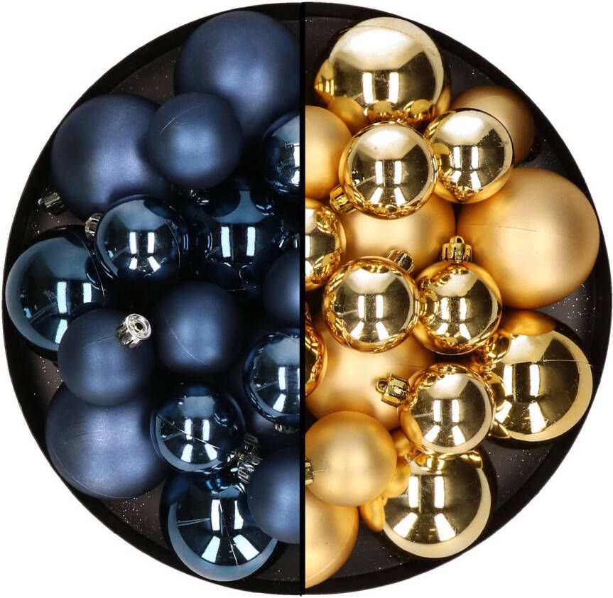 Decoris Kerstversiering kunststof kerstballen mix donkerblauw goud 6-8-10 cm pakket van 44x stuks Kerstbal