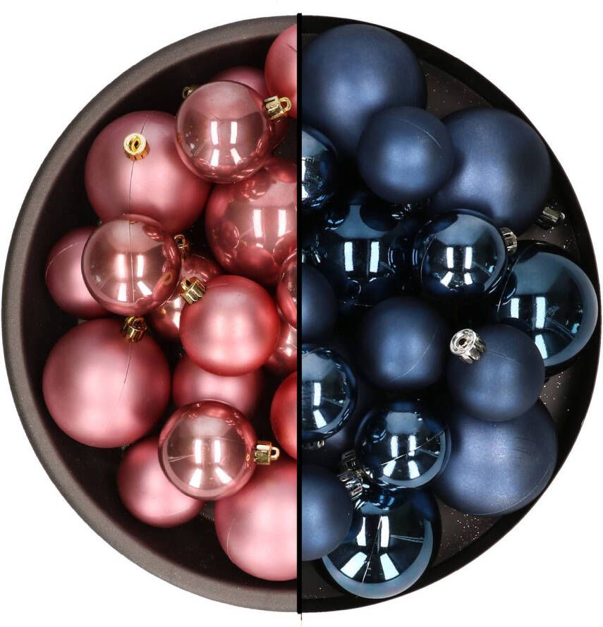 Decoris Kerstversiering kunststof kerstballen mix donkerblauw oud roze 6-8-10 cm pakket van 44x stuks Kerstbal