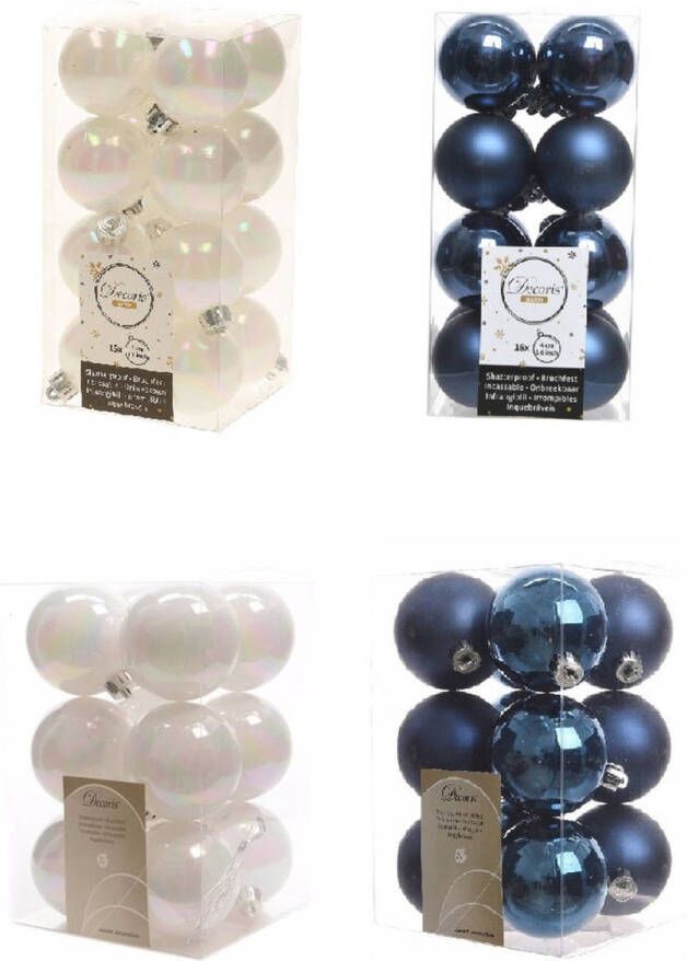Decoris Kerstversiering kunststof kerstballen mix donkerblauw parelmoer wit 4 en 6 cm pakket van 80x stuks Kerstbal