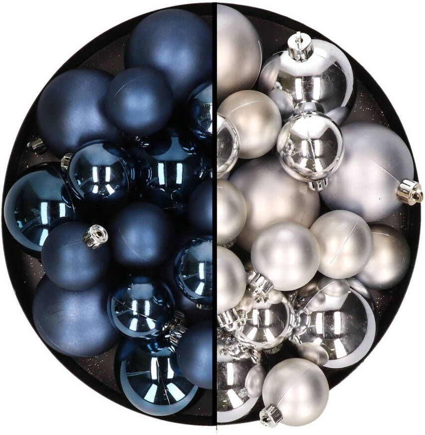 Decoris Kerstversiering kunststof kerstballen mix donkerblauw zilver 4-6-8 cm pakket van 68x stuks Kerstbal