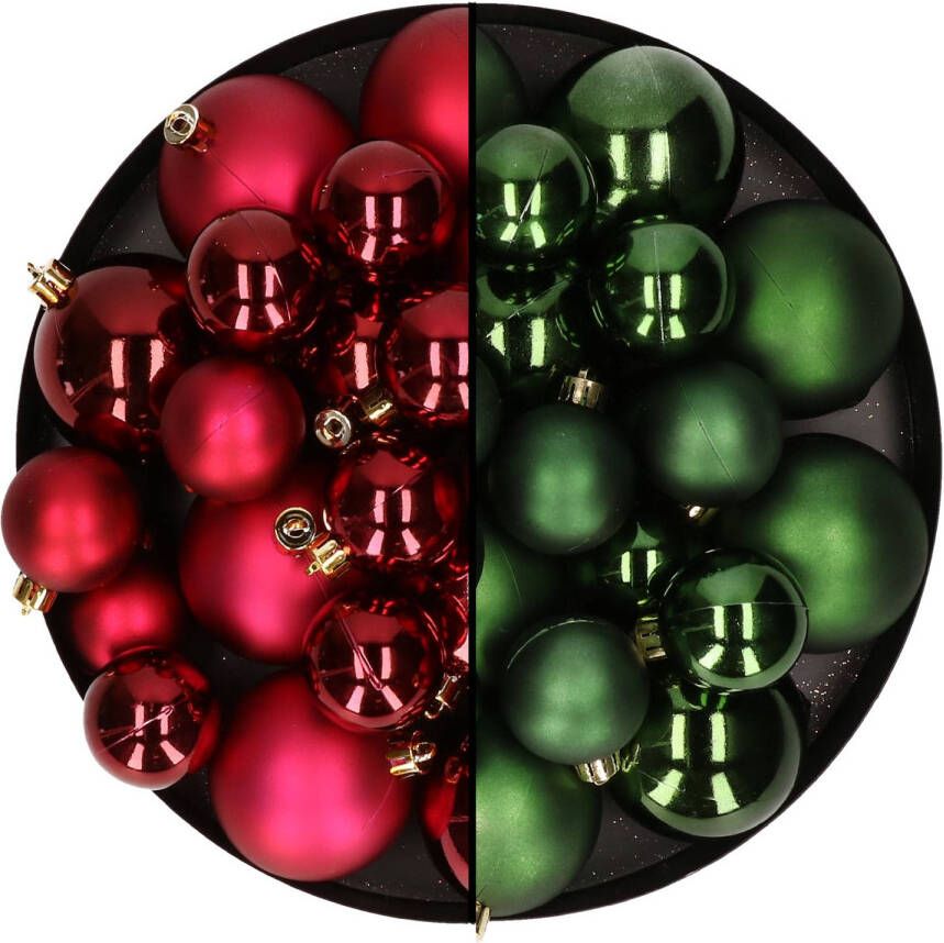 Decoris Kerstversiering kunststof kerstballen mix donkerrood donkergroen 6-8-10 cm pakket van 44x stuks Kerstbal