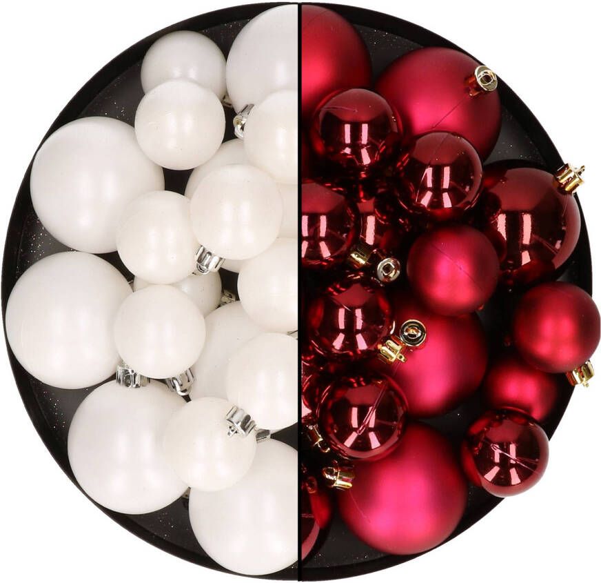 Decoris Kerstversiering kunststof kerstballen mix winter wit donkerrood 6-8-10 cm pakket van 44x stuks Kerstbal