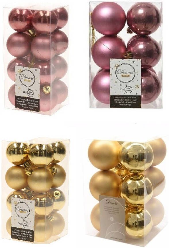Decoris Kerstversiering kunststof kerstballen mix goud oud roze 4 en 6 cm pakket van 80x stuks Kerstbal