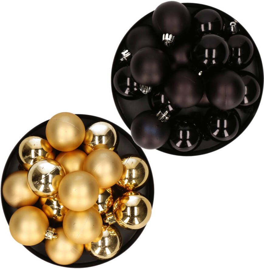 Decoris Kerstversiering kunststof kerstballen mix goud zwart 4 en 6 cm pakket van 80x stuks Kerstbal