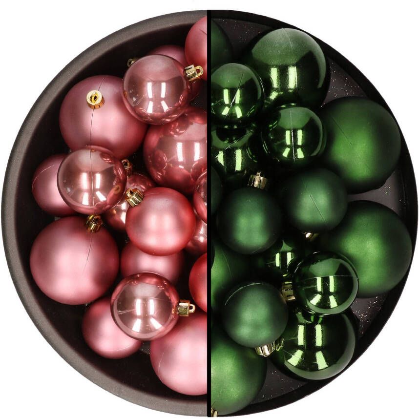 Decoris Kerstversiering kunststof kerstballen mix oud roze donkergroen 6-8-10 cm pakket van 44x stuks Kerstbal