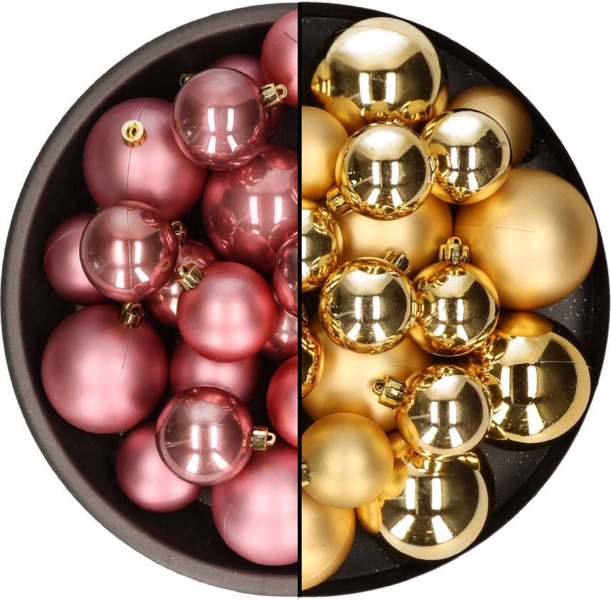Decoris Kerstversiering kunststof kerstballen mix oud roze goud 6-8-10 cm pakket van 44x stuks Kerstbal