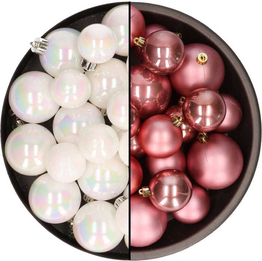Decoris Kerstversiering kunststof kerstballen mix oud roze parelmoer wit 4-6-8 cm pakket van 68x stuks Kerstbal