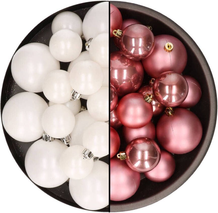 Decoris Kerstversiering kunststof kerstballen mix oud roze winter wit 4-6-8 cm pakket van 68x stuks Kerstbal