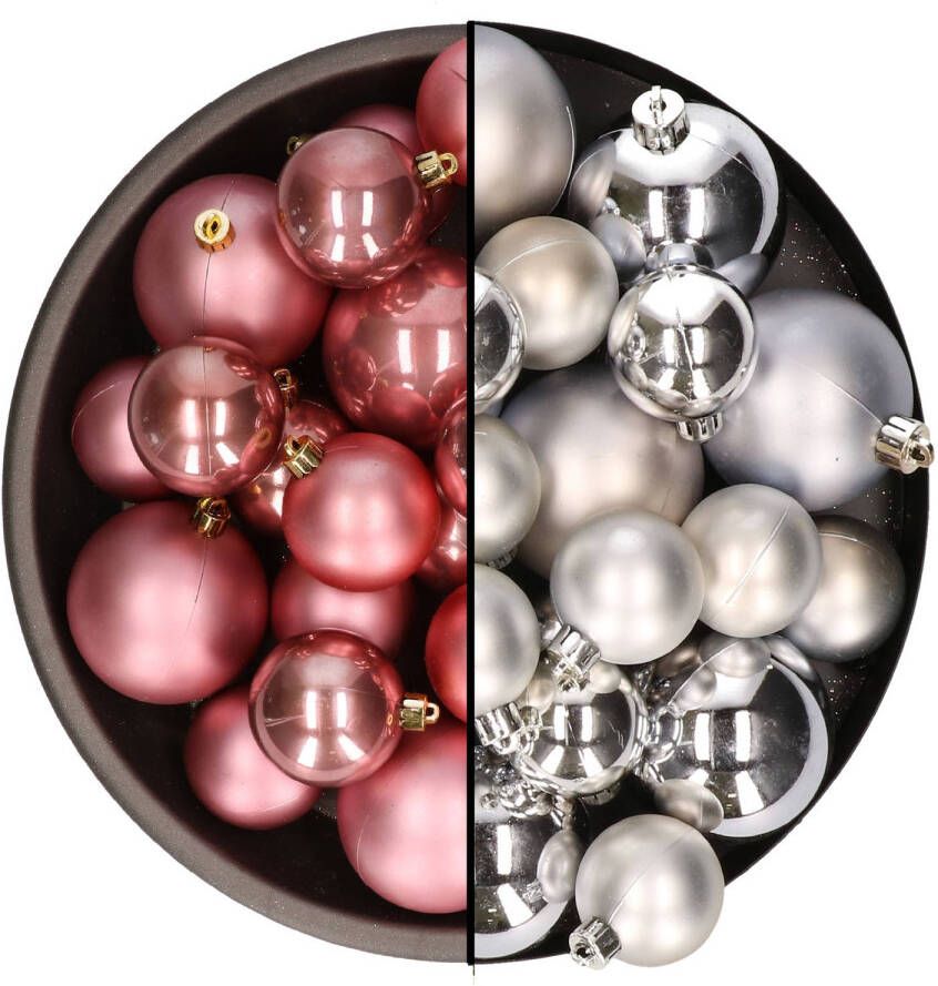 Decoris Kerstversiering kunststof kerstballen mix oud roze zilver 4-6-8 cm pakket van 68x stuks Kerstbal