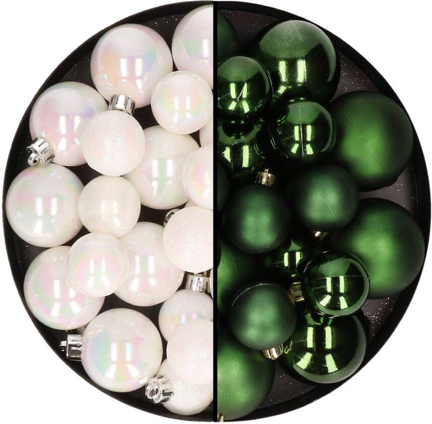 Decoris Kerstversiering kunststof kerstballen mix parelmoer wit donkergroen 6-8-10 cm pakket van 44x stuks Kerstbal
