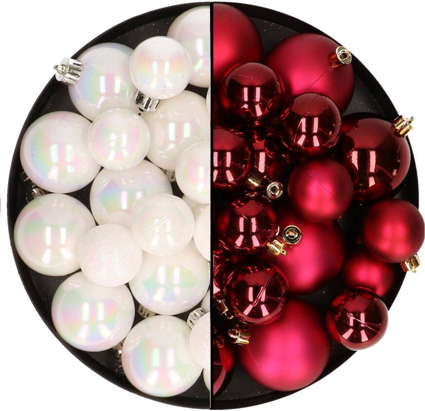 Decoris Kerstversiering kunststof kerstballen mix parelmoer wit donkerrood 6-8-10 cm pakket van 44x stuks Kerstbal