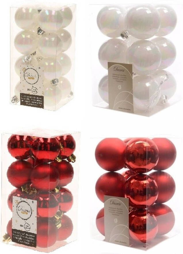 Decoris Kerstversiering kunststof kerstballen mix rood parelmoer wit 4 en 6 cm pakket van 80x stuks Kerstbal
