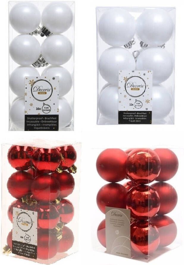 Decoris Kerstversiering kunststof kerstballen mix rood winter wit 4 en 6 cm pakket van 80x stuks Kerstbal