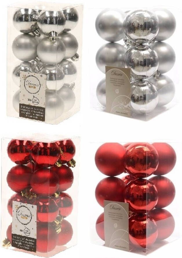 Decoris Kerstversiering kunststof kerstballen mix rood zilver 4 en 6 cm pakket van 80x stuks Kerstbal