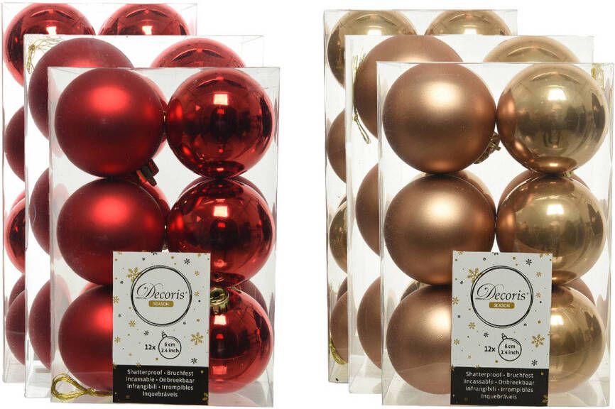 Decoris Kerstversiering kunststof kerstballen mix rood camel bruin 4-6-8 cm pakket van 68x stuks Kerstbal