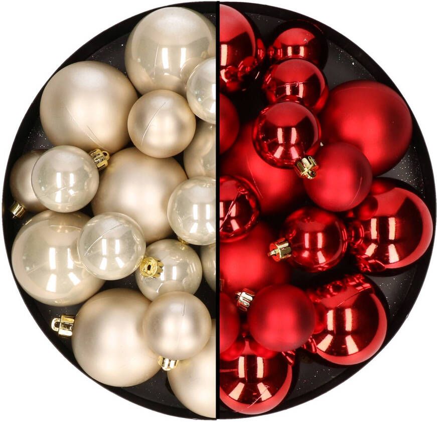 Decoris Kerstversiering kunststof kerstballen mix rood champagne 4-6-8 cm pakket van 68x stuks Kerstbal