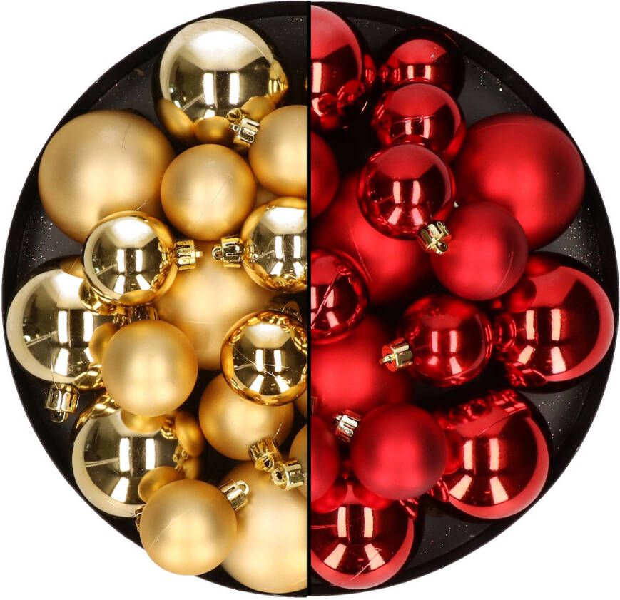 Decoris Kerstversiering kunststof kerstballen mix rood goud 6-8-10 cm pakket van 44x stuks Kerstbal