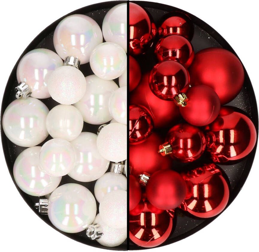 Decoris Kerstversiering kunststof kerstballen mix rood parelmoer wit 4-6-8 cm pakket van 68x stuks Kerstbal