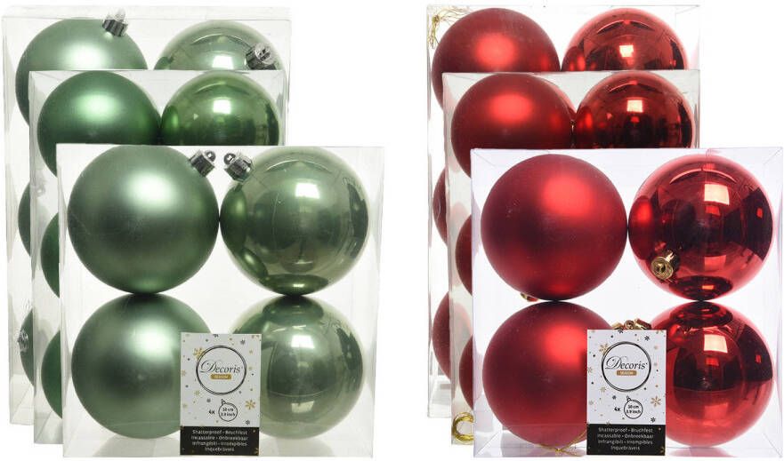 Decoris Kerstversiering kunststof kerstballen mix rood salie groen 6-8-10 cm pakket van 44x stuks Kerstbal