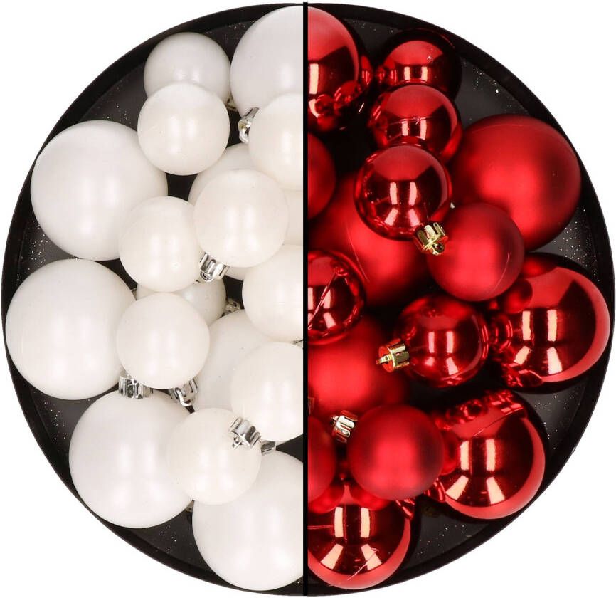 Decoris Kerstversiering kunststof kerstballen mix rood winter wit 4-6-8 cm pakket van 68x stuks Kerstbal