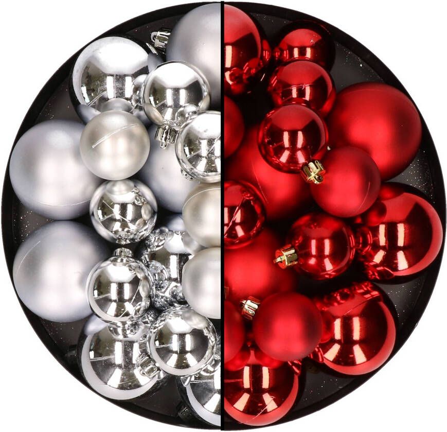 Decoris Kerstversiering kunststof kerstballen mix rood zilver 6-8-10 cm pakket van 44x stuks Kerstbal