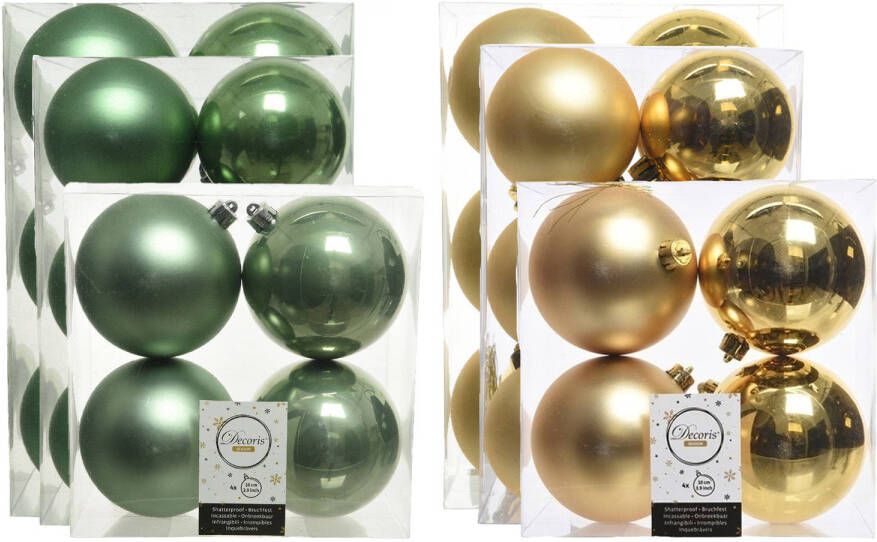 Decoris Kerstversiering kunststof kerstballen mix salie groen goud 6-8-10 cm pakket van 44x stuks Kerstbal