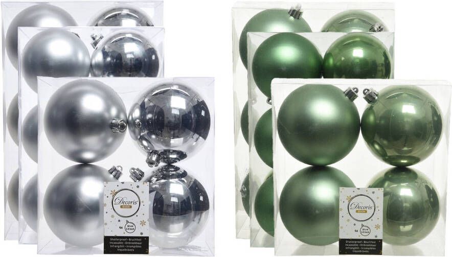 Decoris Kerstversiering kunststof kerstballen mix salie groen zilver 6-8-10 cm pakket van 44x stuks Kerstbal
