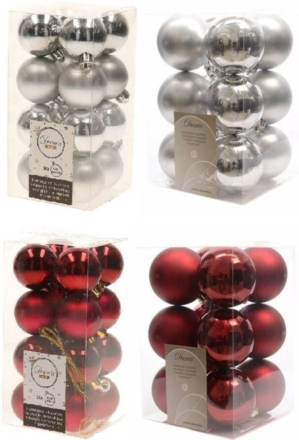 Decoris Kerstversiering kunststof kerstballen mix zilver donkerrood 4 en 6 cm pakket van 80x stuks Kerstbal