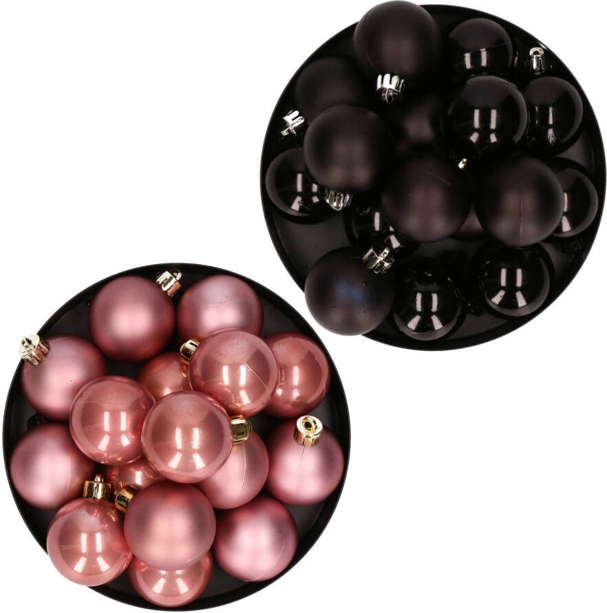 Decoris Kerstversiering kunststof kerstballen mix zwart oud roze 4 en 6 cm pakket van 80x stuks Kerstbal