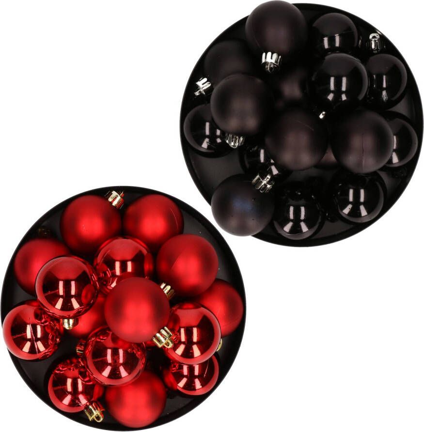 Decoris Kerstversiering kunststof kerstballen mix zwart rood 4 en 6 cm pakket van 80x stuks Kerstbal