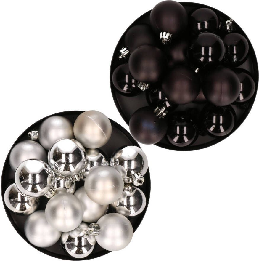 Decoris Kerstversiering kunststof kerstballen mix zwart zilver 4 en 6 cm pakket van 80x stuks Kerstbal