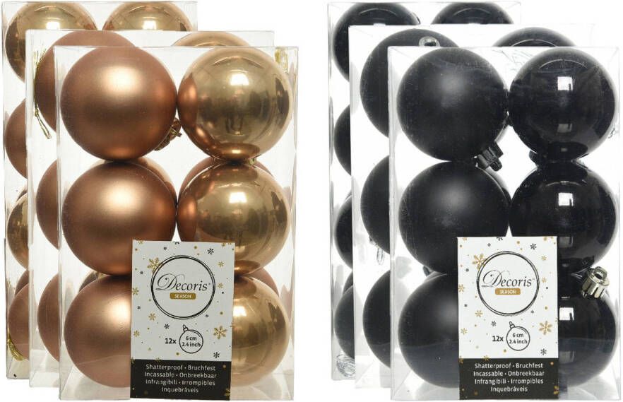 Decoris Kerstversiering kunststof kerstballen mix zwart camel bruin 4-6-8 cm pakket van 68x stuks Kerstbal