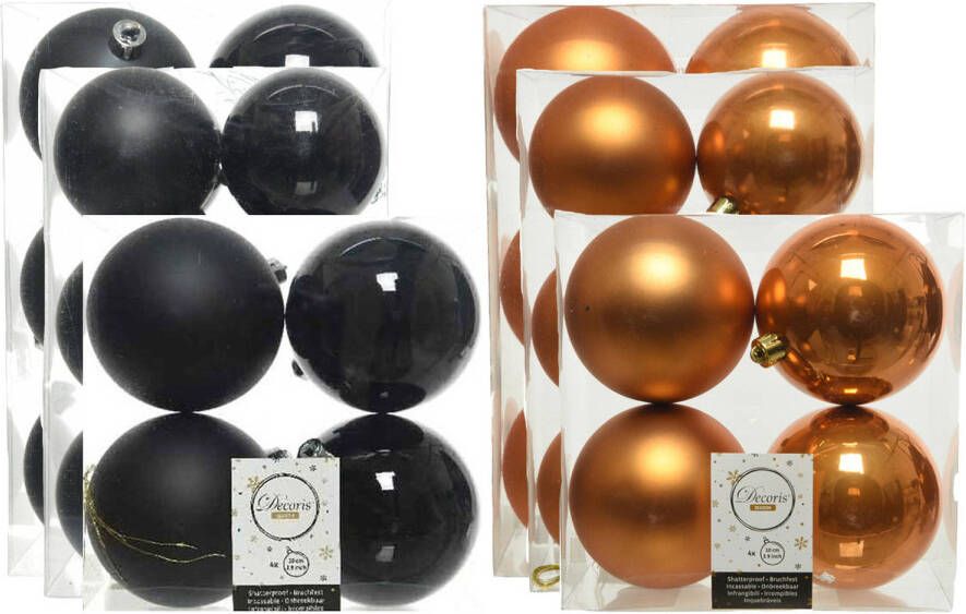 Decoris Kerstversiering kunststof kerstballen mix zwart cognac 6-8-10 cm pakket van 44x stuks Kerstbal