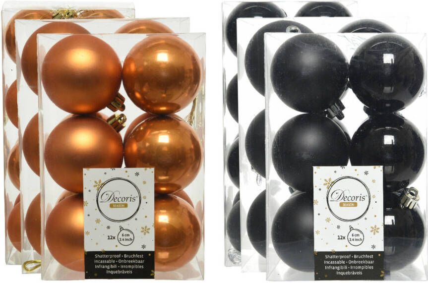 Decoris Kerstversiering kunststof kerstballen mix zwart cognac bruin 4-6-8 cm pakket van 68x stuks Kerstbal