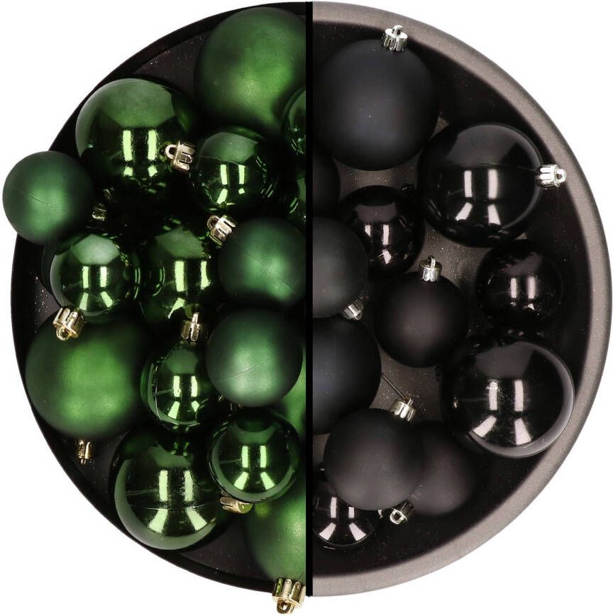 Decoris Kerstversiering kunststof kerstballen mix zwart donkergroen 4-6-8 cm pakket van 68x stuks Kerstbal