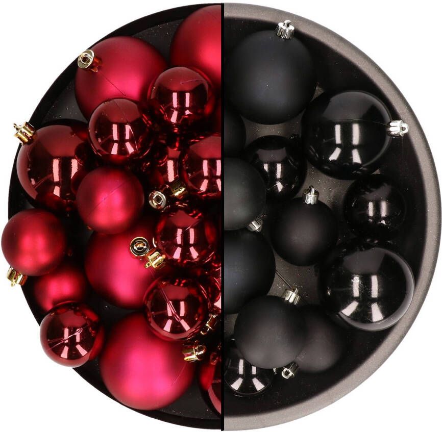 Decoris Kerstversiering kunststof kerstballen mix zwart donkerrood 4-6-8 cm pakket van 68x stuks Kerstbal