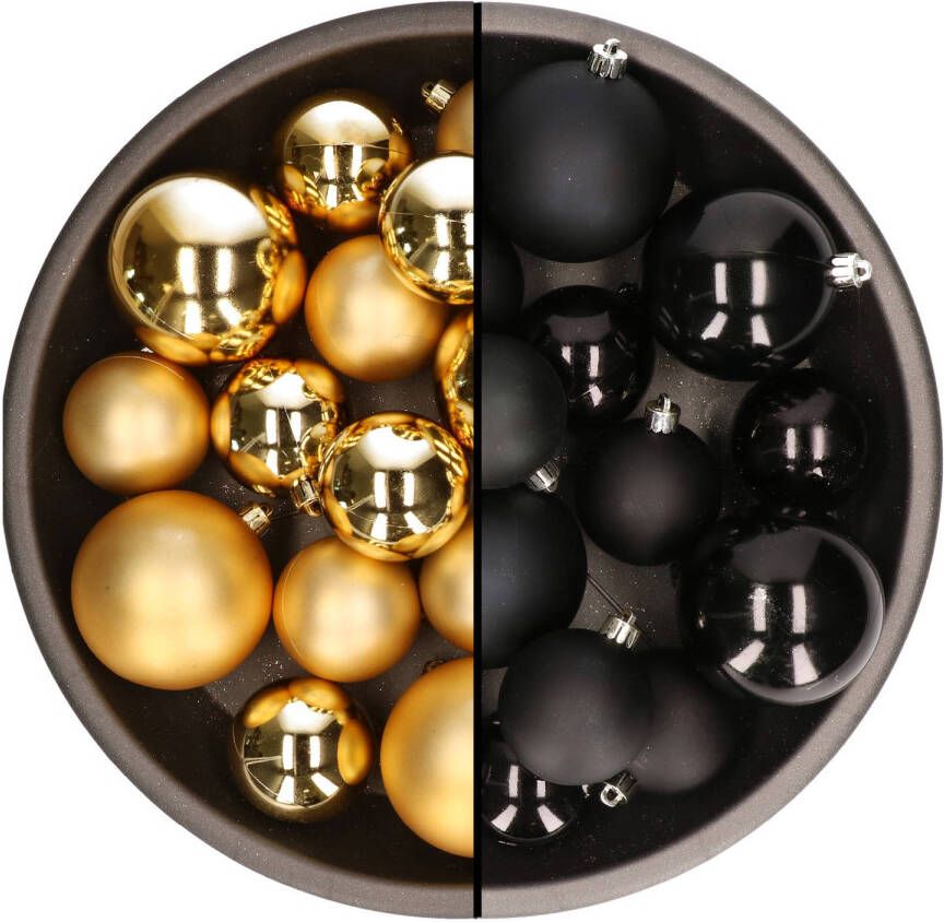 Decoris Kerstversiering kunststof kerstballen mix zwart goud 6-8-10 cm pakket van 44x stuks Kerstbal