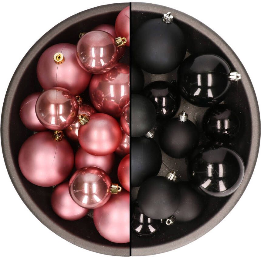 Decoris Kerstversiering kunststof kerstballen mix zwart oud roze 4-6-8 cm pakket van 68x stuks Kerstbal